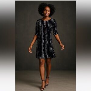 Fusion Black and White Striped Elbow Sleeve High-Low Tunic Dress w/ Red Buttons